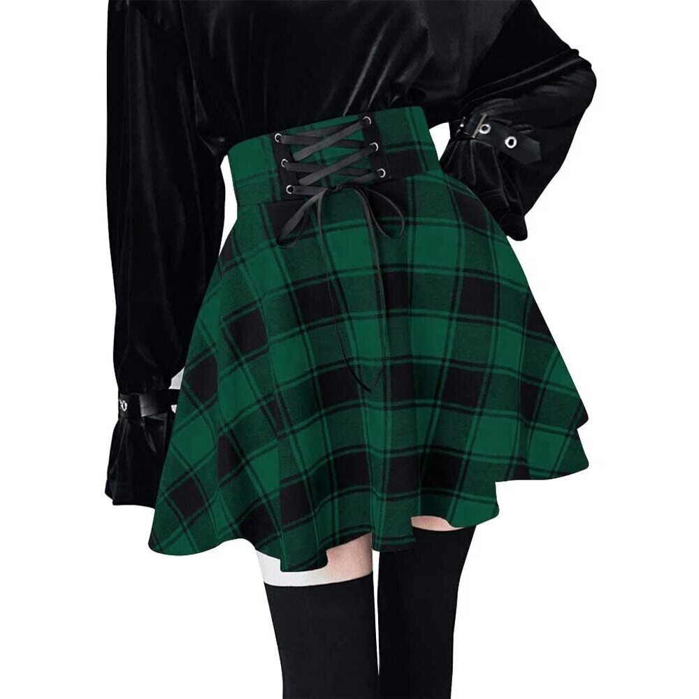6185 High Waisted Plaid Mini Skirts A Line Pleated Lace Up Short Skirt S